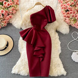 Sexy Off Shoulder Party Dress Women Summer Diagonal High Waist Irregular Ruffle Bodycon Vestidos Female Casual Red/Pink Robe
