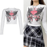 Rockmore Vintage Print T-shirt Women Aesthetic Long Sleeve Crop Top Autumn E Girl Casual Basic Tee Shirt 90s Grunge