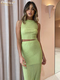Sexy Green Pleated Women'S Skirt Suit Summer Sleeveless Crop Top With High Waisted Skirts Set Bodycon Suits With