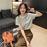 Toloer Striped Short-Sleeved T-Shirt Women's Design Sense Round Collar Bottom Shirt 2024 Summer Loose Casual Student Coat