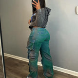 Women's Explosive Fashion Fashion Trend Multi-Pocket Tie Jeans High-Rise Straight