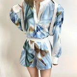 Casual Print Two Piece Set For Women V Neck Long Sleeve Cut Out Tops High Waist Short Pants Colorblock Sets