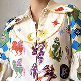 Women's New Temperament Commuting Print Collar Single Buckle Lantern Sleeve Lady Shirt
