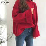 Sweater Thickening Solid Knitted Winter Women Flare Sleeve Harajuku Fashion Leisure Outwear Red Loose Simple Chic