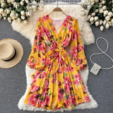 Autumn Women Floral Draped Mini Dress Bohemian Female V-Neck Puff Long Sleeve High Waist Bandage Pleated Vestido Female Robe