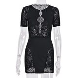 Sisterlinda Autumn Sexy See Through Bodycon Mini Dress Women Casual Street Short Sleeve Hollow Out Party Clubwaer Female
