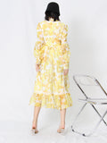 Loose Midi Dress For Women Stand Collar Lantern Sleeve High Waist Cut Out Print Colorblock Dresses Female