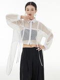 Women Black Irregular Perspective Mesh Big Size Blouse New Lapel Long Sleeve Shirt Fashion Tide Spring Autumn 2023