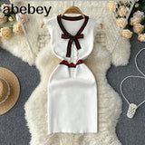 Women Knitted Pencil Dress V Neck Short Sleeve Elastic Slim Sheath Dresses Summer Korean Chic Streetwear Short