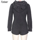 Women Sexy Plush Jumpsuits Long Sleeves Zip Pockets Autum Casual Furry Cute Hooded Playsuit One Piece Warm Romper Outdoor