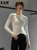 Women Black White Ruffles Fold Slim Casual T-shirt New Round Neck Long Sleeve Fashion Tide Spring Autumn 2023