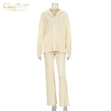 Casual High Wasit Pants Set Women Autumn Long Sleeve Blouses Matching Wide Trousers Suit Green Pleated 2 Piece Pant