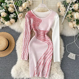 Print Sexy Streetwear Knitted Dress 2022 European Style Long Sleeve Bodycon Winter Women Elastic Sweater Short