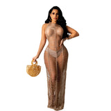 Toloer New Women's Wear Sexy Solid Color Knitted Beach Dress-Outfit