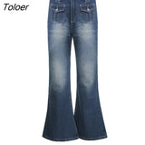 Punk Vintage Low Rise Flared Jeans with Pockets Goth Streetwear Full Length Blue woman jeans Y2K Retro Chic Pants
