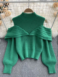 Fashion Off Shoulder Knit Pullover Stand Neck Korean Lantern Sleeve Design 2022 Autumn Retro Sweater Knitwear