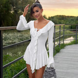 Toloer Women's Wear 2024 Flounce Pointed Collar Tied Rope Horn Sleeve Dress-Outfit