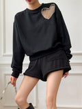 Hollow Out Plain Sweatshirt For Women Round Neck Loose Long Sleeve Patchwork Chain Heart Pullovers Female 2021