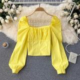 Women Fashion Korean Blouse Long Sleeve Square Collar Solid Slim Office Tops Autumn Casual Streetwear Short
