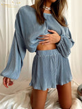 Fashion Blue Pleated Womens Two Peice Sets Casual Loose Long Sleeve Shirt Matching Shorts Set Elegant Home Female