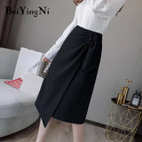 Irregular Women Skirt Button Chic OL Split Work Wear Midi Skirts Solid Black Fashion Office Ladu Skirt Vintage