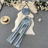 Denim Fashion Summer Women Sets 2022 Retro Zipper Halter Tops+ Button Slim Long Flare Pants High Street Two Piece