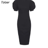 Office Bodycon Midi Dress Elegant Women Puff Sleeve Summer Dresses Chic High Waist Slim O-Neck Pencil Party Dress Lady