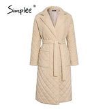 Simplee Cotton padded long winter coat female Casual pocket sash women parkas High street tailored collar stylish overcoat