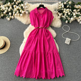 Design Buckle Loose Collar With Long Dress Women Summer Waist 100 Folded Shirt Collar Splicing Long