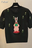 Thin Hollow Out Knitted T-Shirt Women's Fashion Cartoon Embroidery Short-sleeved Sweater Ladies Casual Knitwear