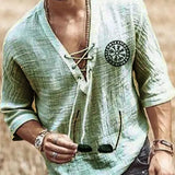 Viking Pirate Medieval Cosplay Halloween Costume Men Shirt V Neck Lace Up Vintage Shirt Half Sleeve Linen Blouse