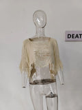 Fashion Women's Knitted Pullover Round Neck Loose Apricot Half Sleeve Asymmetric Tassel Sweater Summer 2023 New