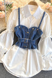 Two Pieces Outfits for Women Vintage Shirts Fashion Puff Sleeve Blouses Loose Denim Shirt Jeans Tops Vest Korean 2 Piece