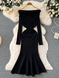Neck Solid Sexy Sweater Dress 2022 Women Mermaid Long Sleeve Maxi Long Dress Autumn Streetwear Knitted Bodycon