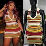 Spring And Summer Color Striped Knitted Dress Collar Hanging Neck V Collar Bodyed And Hip Dress Bare