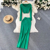 Autumn Fashion Two Pieces Suits V Neck Mini Top+ Hight Waist Slim Long Dress Women Streetwear Solid Knitted
