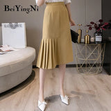 High Waist Elegant 2020 Summer Long Pleated Midi Skirt Woman Solid Color Office Work Wear Irregular Maxi Black