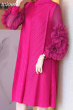 Appliques Dress For Female Half High Collar Puff Sleeve Straight Loose Waist Fold Pleated Dresses Women 2023 Spring