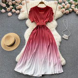 Pleated Gentle Women Summer Dress 2022 Sashes V Neck Temperament Elegant Vacation Ladies Solid Chic A Line