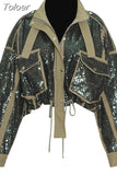 2023 Autumn Women's Autumn jackets New Fashion Round Neck Loose Zipper Pocket Long Sleeve Sequined Short Coat Female