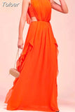 Sleeveless Long Dress For Women Stand Collar Hollow Out High Waist Spliced Irregular Ruched Slim Solid Dresses Female