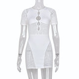 Sisterlinda Autumn Sexy See Through Bodycon Mini Dress Women Casual Street Short Sleeve Hollow Out Party Clubwaer Female
