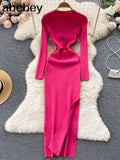 Solid Sexy Sweater Dress 2022 Women O Neck Long Sleeve Maxi Long Dress Autumn Streetwear Knitted Bodycon