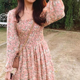 Sleeve Dress Women Spring Floral Print Elegant Square Collar Sweet Ruffle Midi Dresses Retro Streetwear Folds Gentle