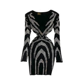 Women Sexy Black Bling Diamonds Bodycon Mini Dress Female Spring Autumn Elegant V-Neck Long Sleeve High Waist Party Vestidos