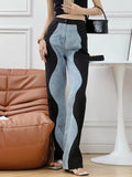 Fashion Women's Jeasn New High Waist Black Blue Wave Spliced Straight Tube Wide Leg Denim Pants Tide Autumn 2023