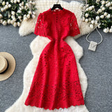 Squeer Hook Lace Dress Female French Waist Thin Temperament Short-Sleeved Long Dress 2025