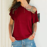 Explosion Casual Slanted Shoulders Cross Irregular Short-Sleeved Print Women