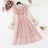 Brand New Women Romantic Tulle Dress Stand Collar Beading Tassels Ruffles Long Sleeve Mesh Dress Cute Mid Dress