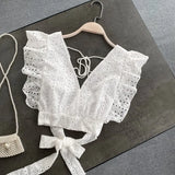 Hollow Backless Blouse Women Korean V Neck Sleeveless Lace Up White Tops Summer Fashion Streetwear Short